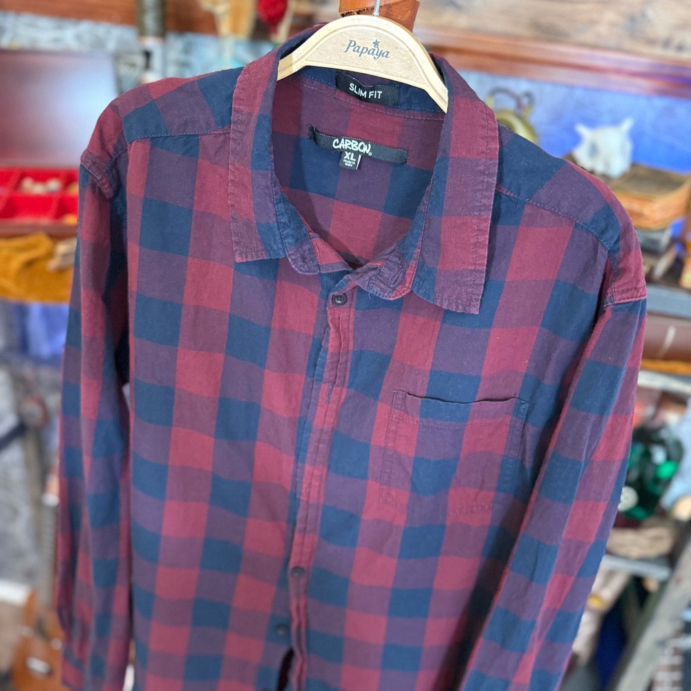 Carbon Slim Fit Buffalo Plaid Flannel Shirt XL Red Navy Blue‎ Button Up